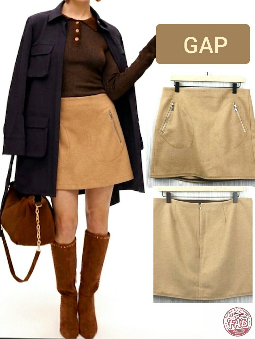 Gap🍂 Wool Blend Mini Skirt🌾Tan A-Line Skirt With Side Zipped Pocket
